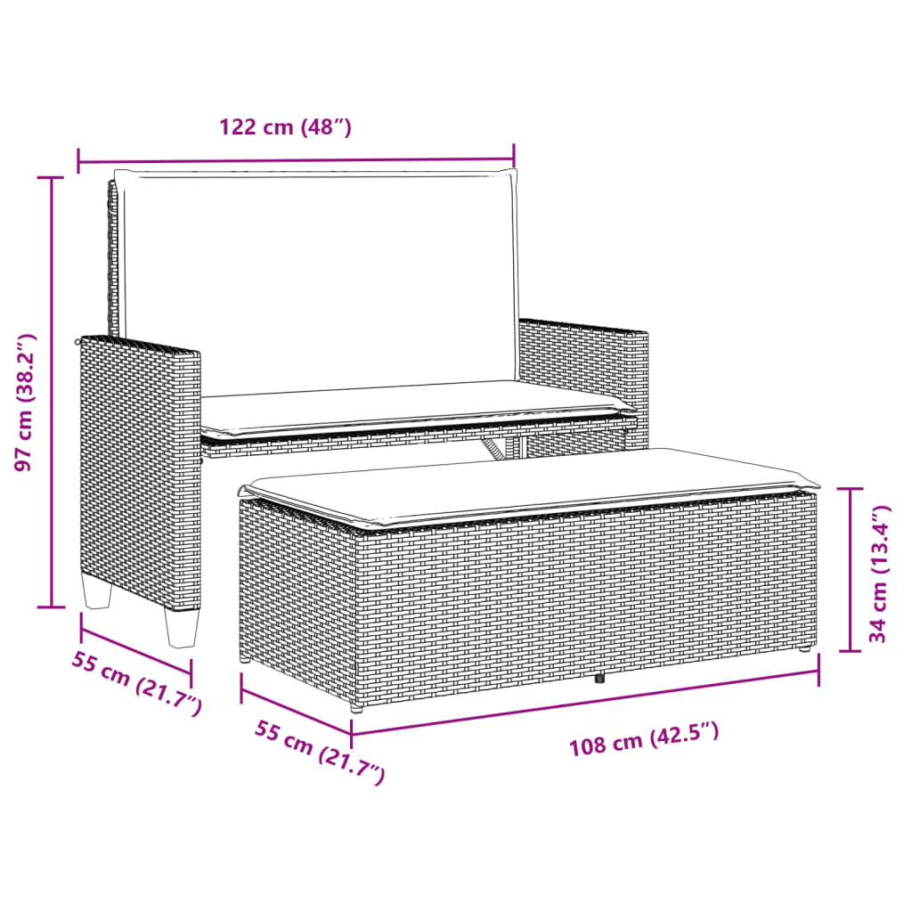 Panca Giardino Cuscini e Poggiapiedi Grigio Chiaro Polyrattan 368412