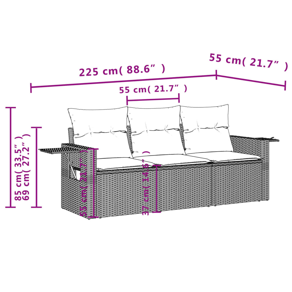 Set Divani da Giardino 3 pz con Cuscini in Polyrattan Nero 3219855