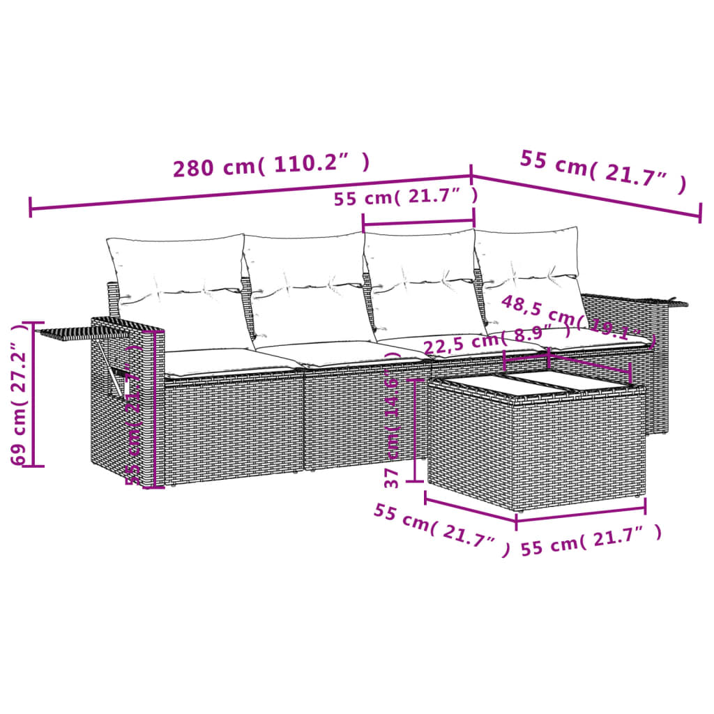 Set Divani da Giardino 5 pz con Cuscini in Polyrattan Nero 3219884