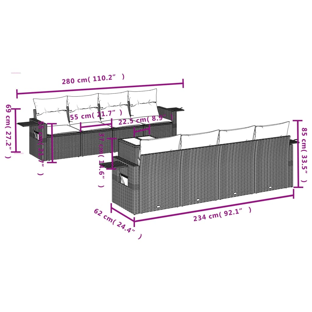 Set Divani da Giardino 9 pz con Cuscini Nero in Polyrattan 3219945