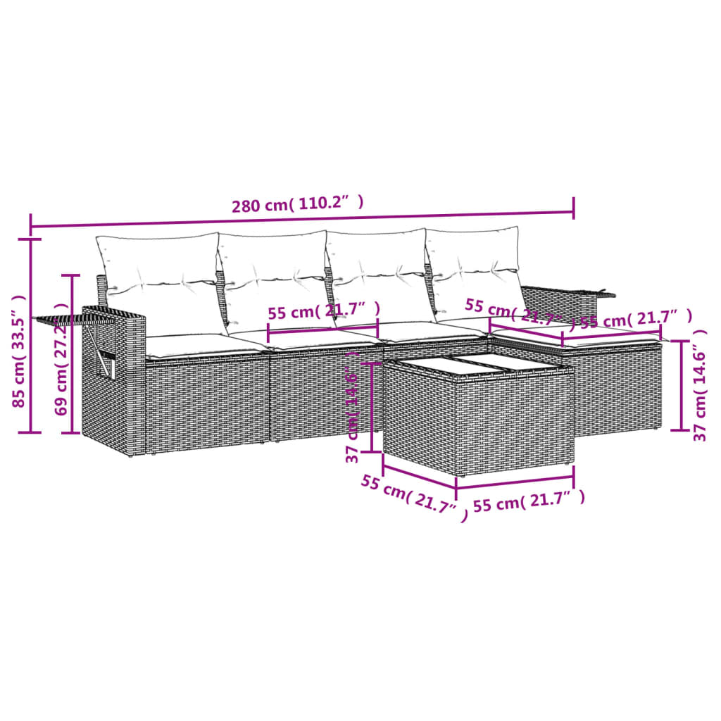 Set Divano da Giardino 6 pz con Cuscini Nero in Polyrattan 3220095