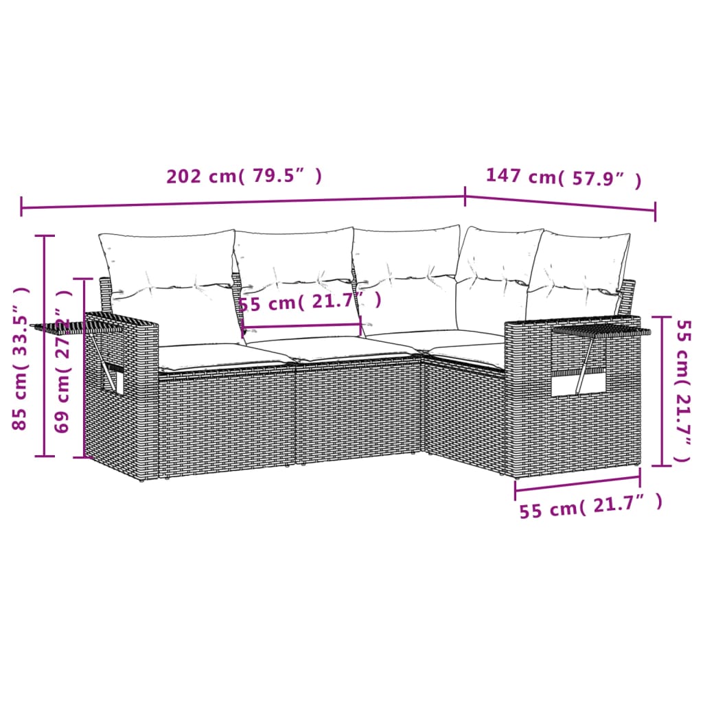 Set Divani da Giardino 4 pz con Cuscini Nero in Polyrattan 3220105