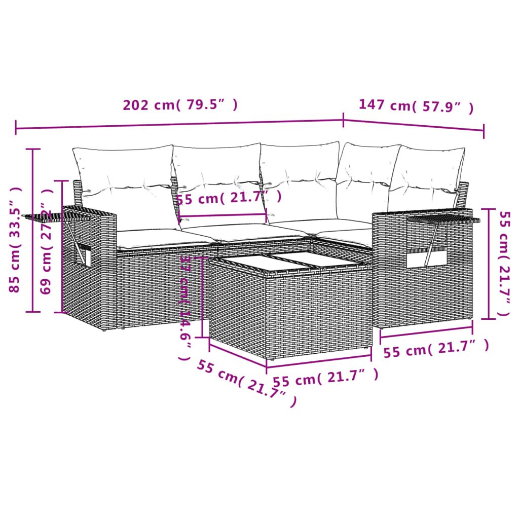 Set Divano da Giardino 5 pz con Cuscini Beige in Polyrattan 3220118