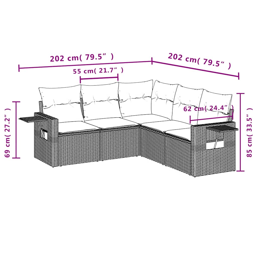 Set Divano da Giardino 5pz con Cuscini Grigio Chiaro Polyrattan 3220151