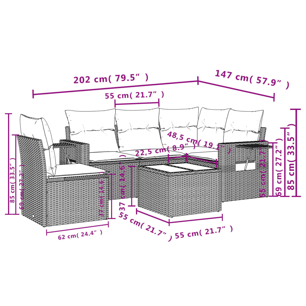 Set Divano da Giardino 6 pz con Cuscini Grigio in Polyrattan 3220179