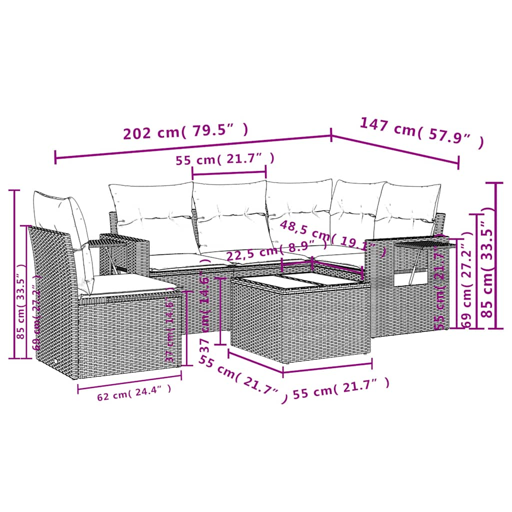 Set Divano da Giardino 6pz con Cuscini Grigio Chiaro Polyrattan 3220181