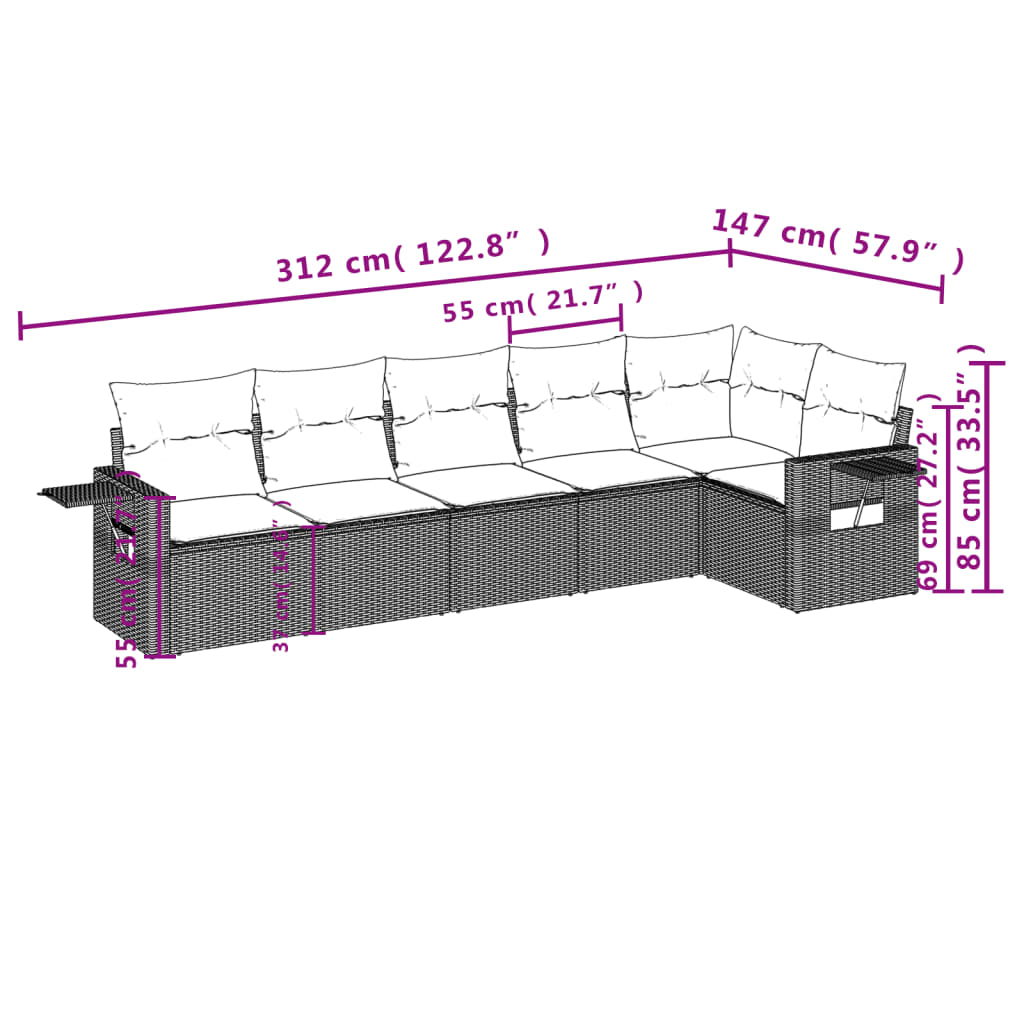 Set Divano da Giardino 6 pz con Cuscini Nero in Polyrattan 3220184