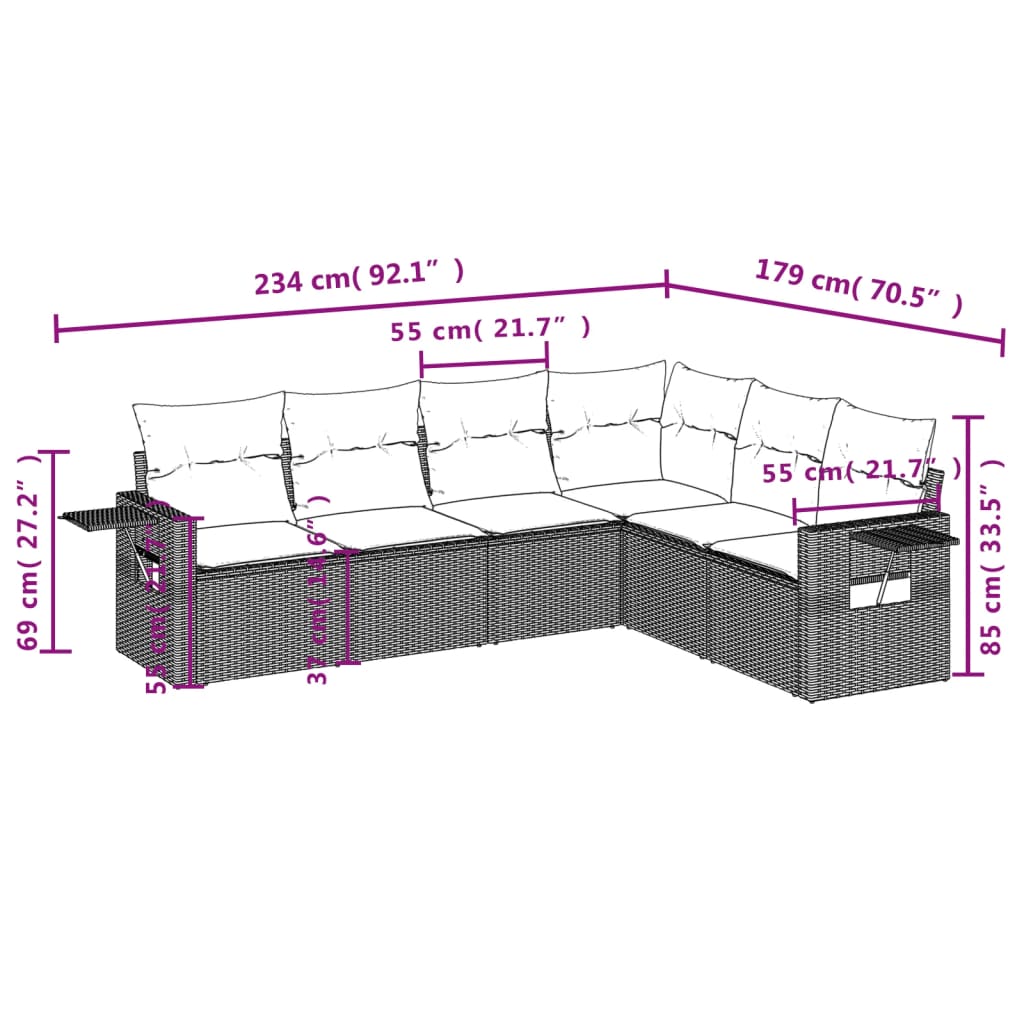 Set Divano da Giardino 6 pz con Cuscini Nero in Polyrattan 3220205