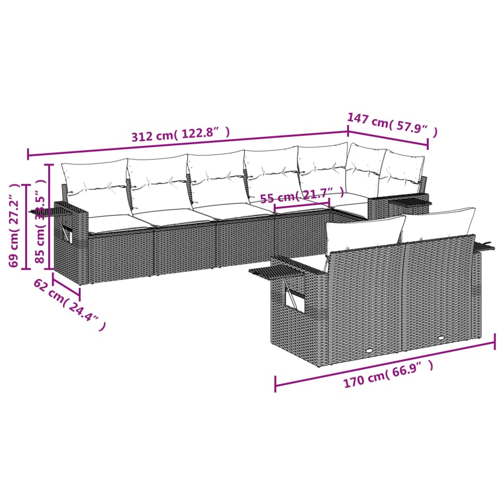 Set Divani da Giardino con Cuscini 8 pz Nero in Polyrattan 3220414