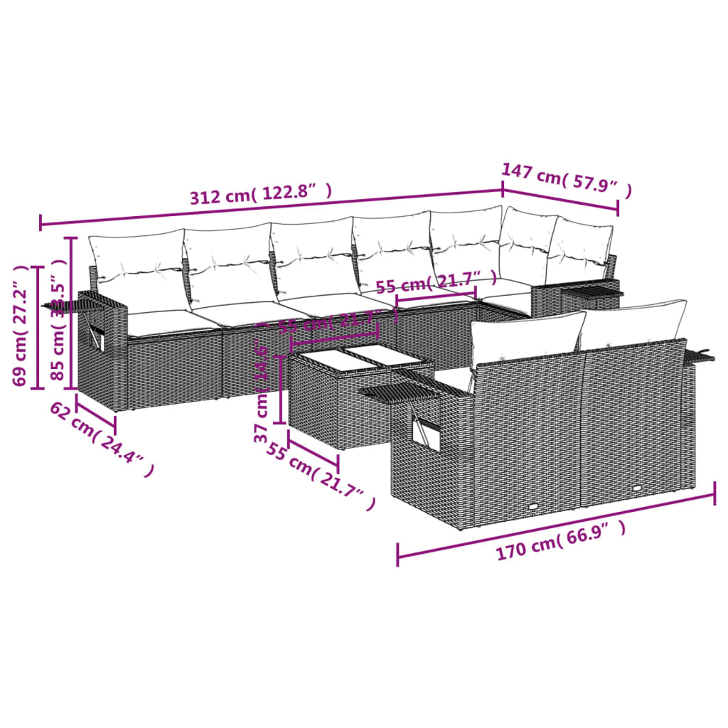 Set Divano da Giardino 9 pz con Cuscini Grigio in Polyrattan 3220429