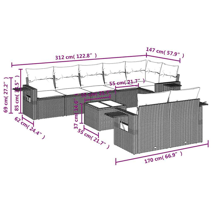 Set Divano da Giardino 9pz con Cuscini Grigio Chiaro Polyrattan 3220431