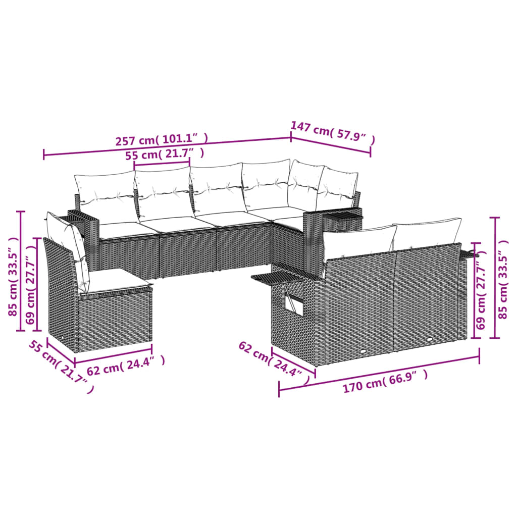 Set Divani da Giardino con Cuscini 8 pz Nero in Polyrattan 3220435