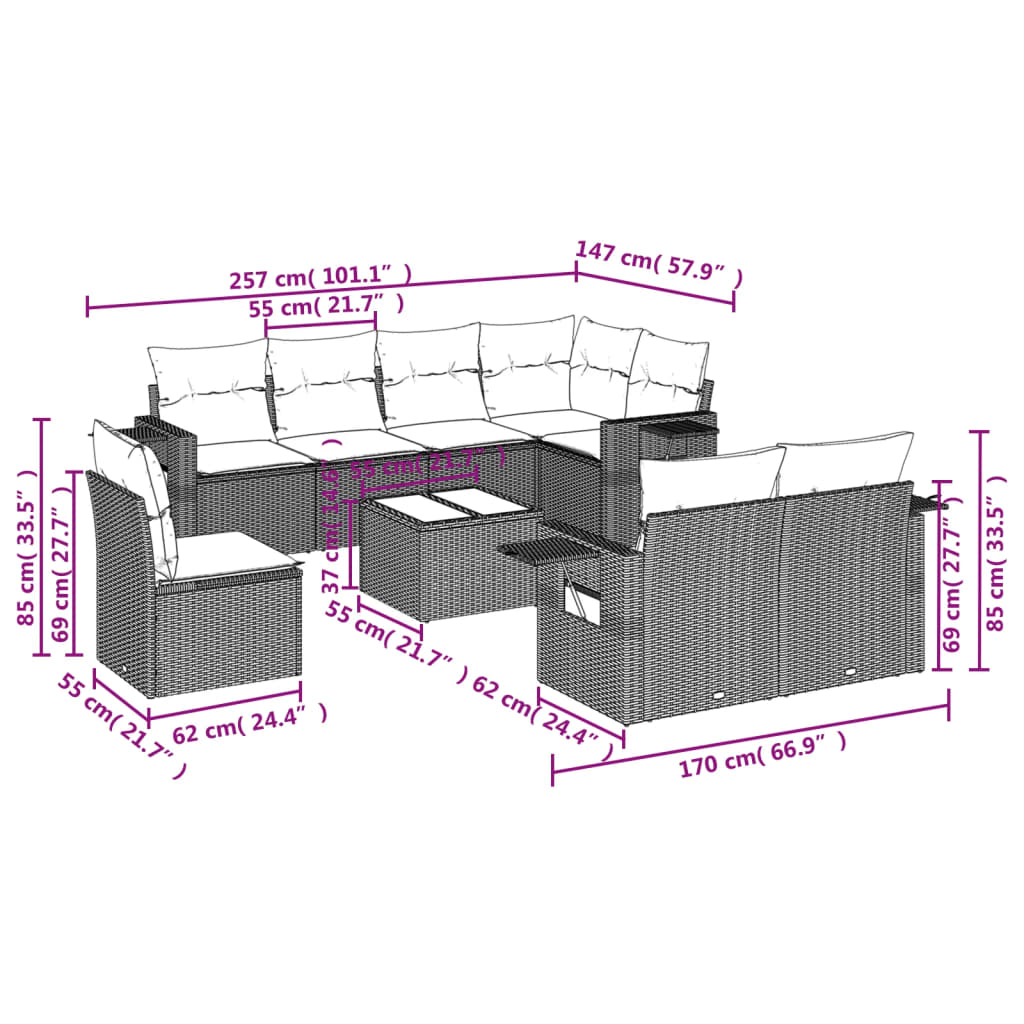 Set Divani da Giardino 9 pz con Cuscini Nero in Polyrattan 3220445