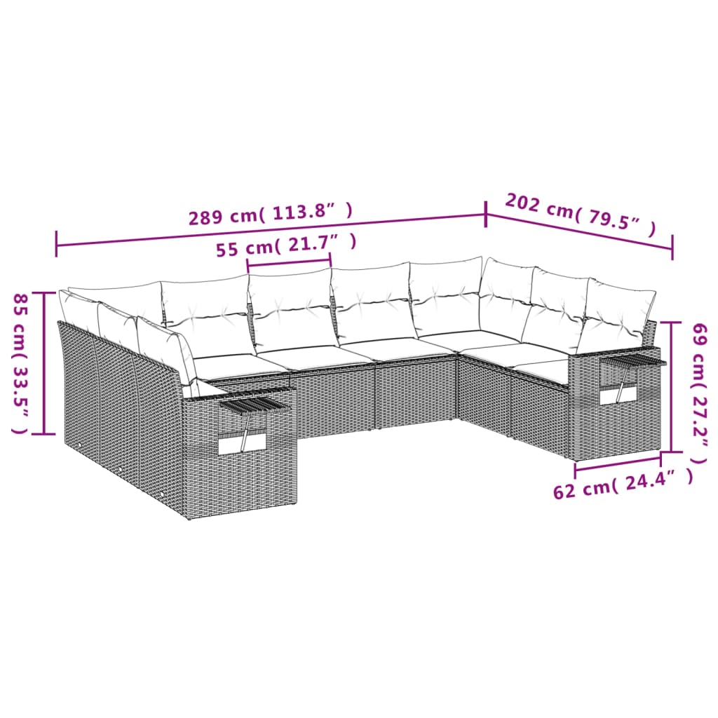 Set Divani da Giardino 9 pz con Cuscini Nero in Polyrattan 3220594