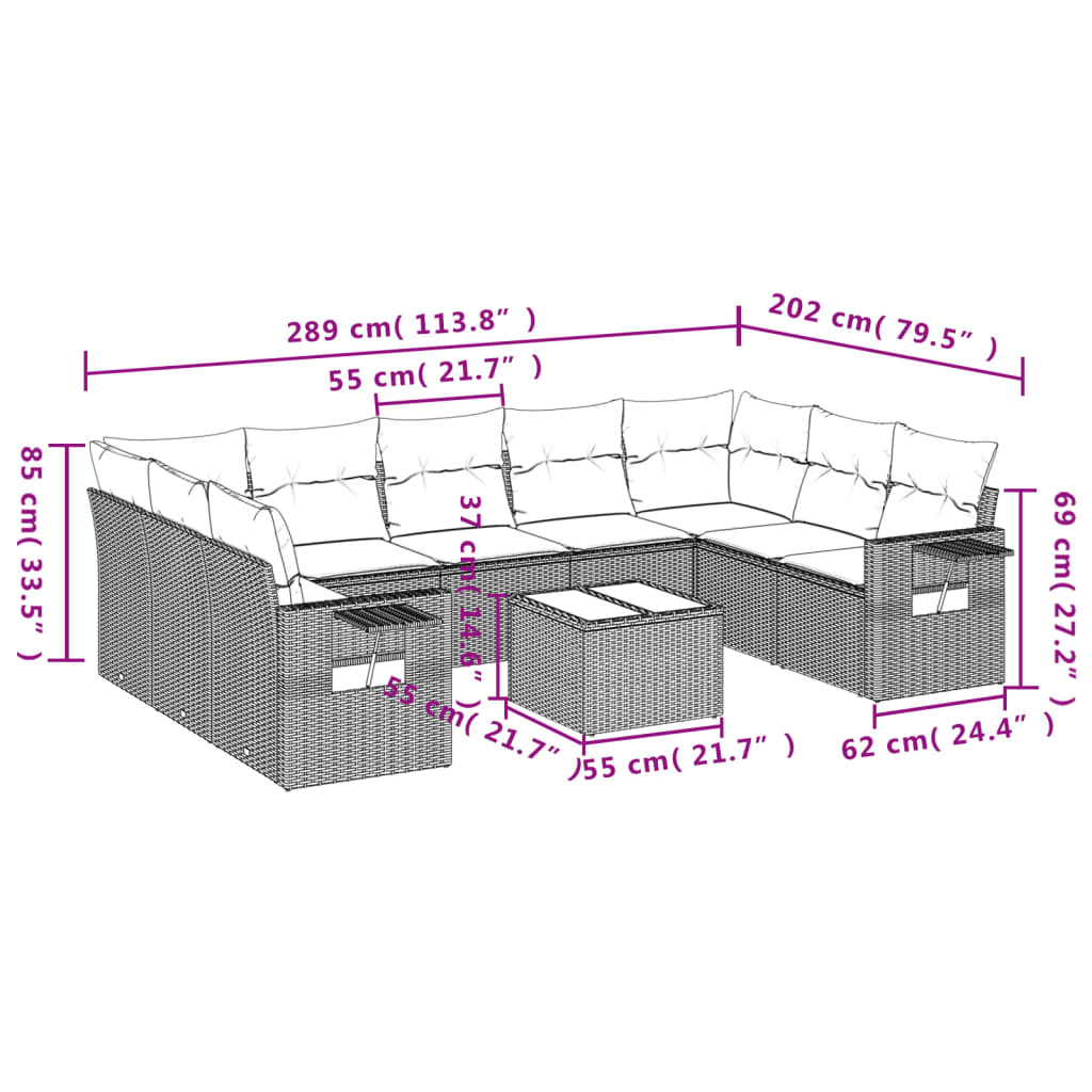 Set Divani da Giardino 10pz con Cuscini in Polyrattan Nero 3220604