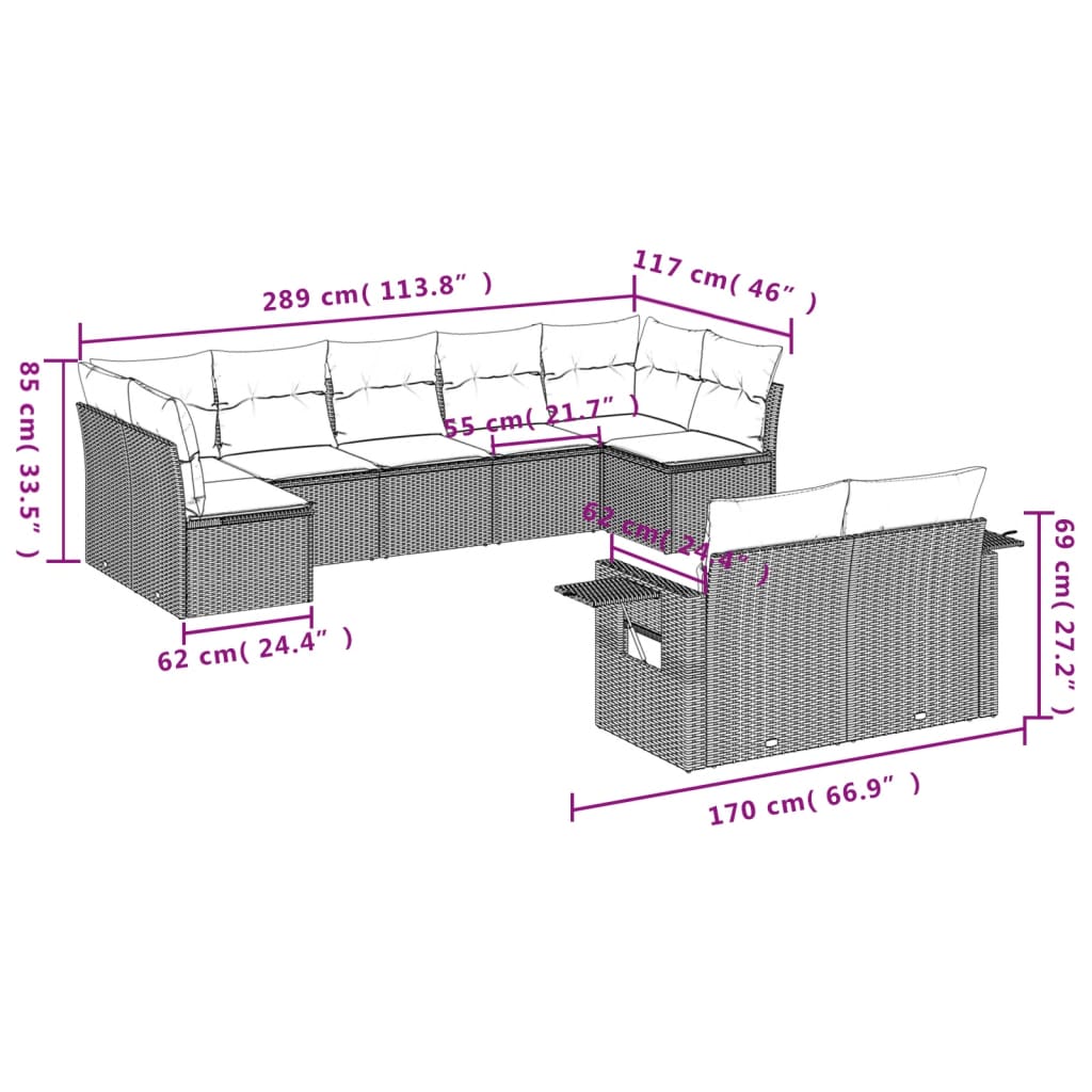 Set Divani da Giardino 9 pz con Cuscini Nero in Polyrattan 3220614