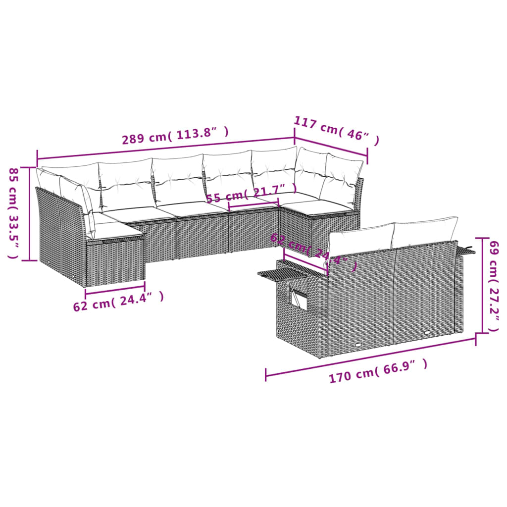 Set Divano da Giardino 9 pz con Cuscini Grigio in Polyrattan 3220619