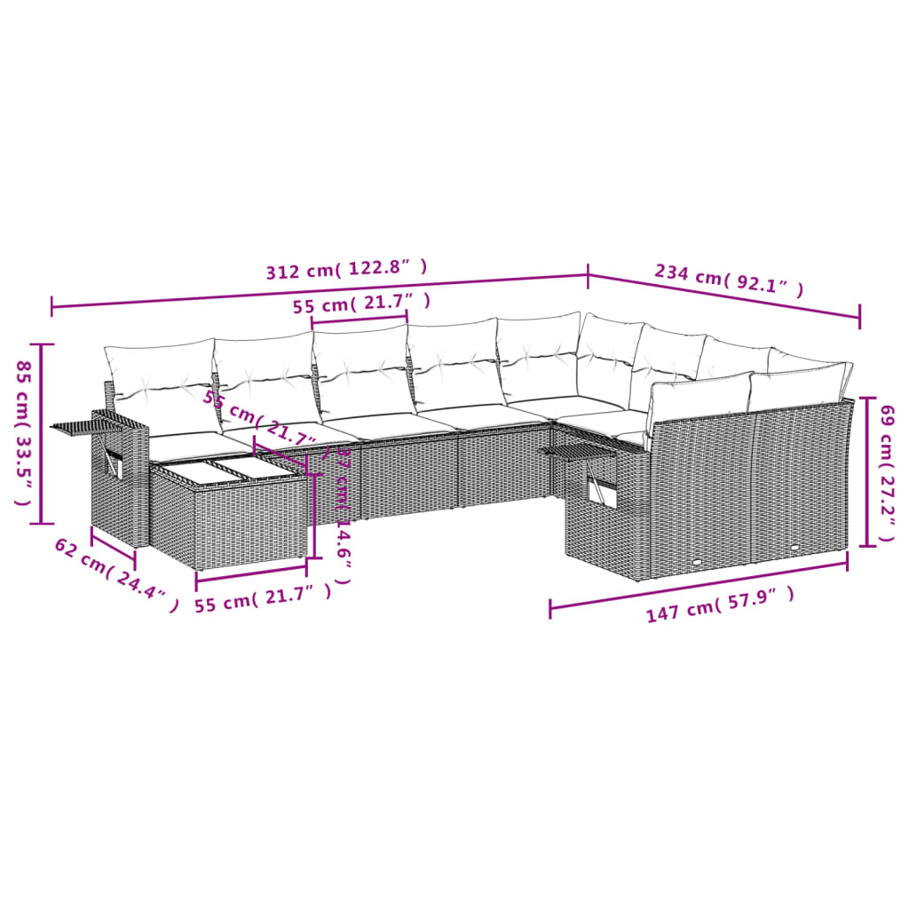 Set Divani da Giardino 10pz con Cuscini in Polyrattan Nero 3220654