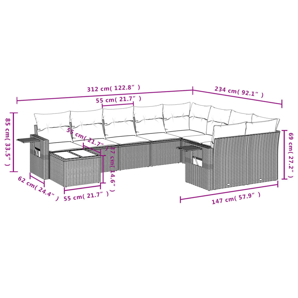 Set Divano Giardino 10 pz con Cuscini Grigio Chiaro Polyrattan 3220661