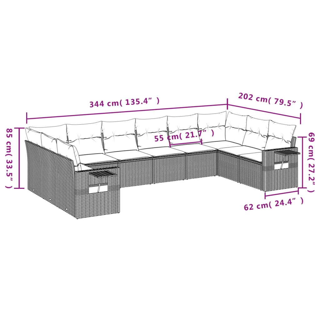 Set Divani da Giardino 10pz con Cuscini in Polyrattan Nero 3220665