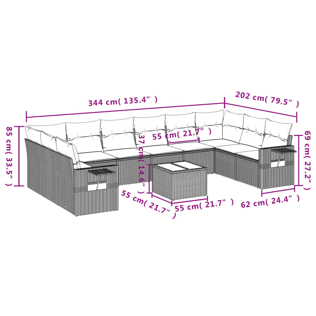 Set Divani da Giardino 11 pz con Cuscini in Polyrattan Grigio 3220679