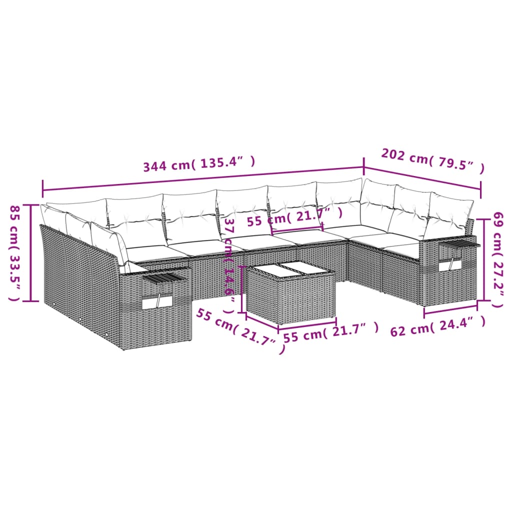 Set Divani da Giardino 11 pz con Cuscini in Polyrattan Grigio 3220681