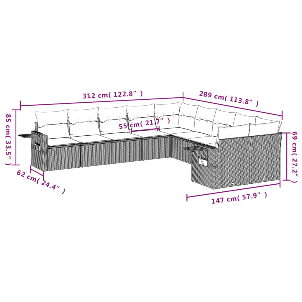 Set Divani da Giardino 10pz con Cuscini in Polyrattan Nero 3220704