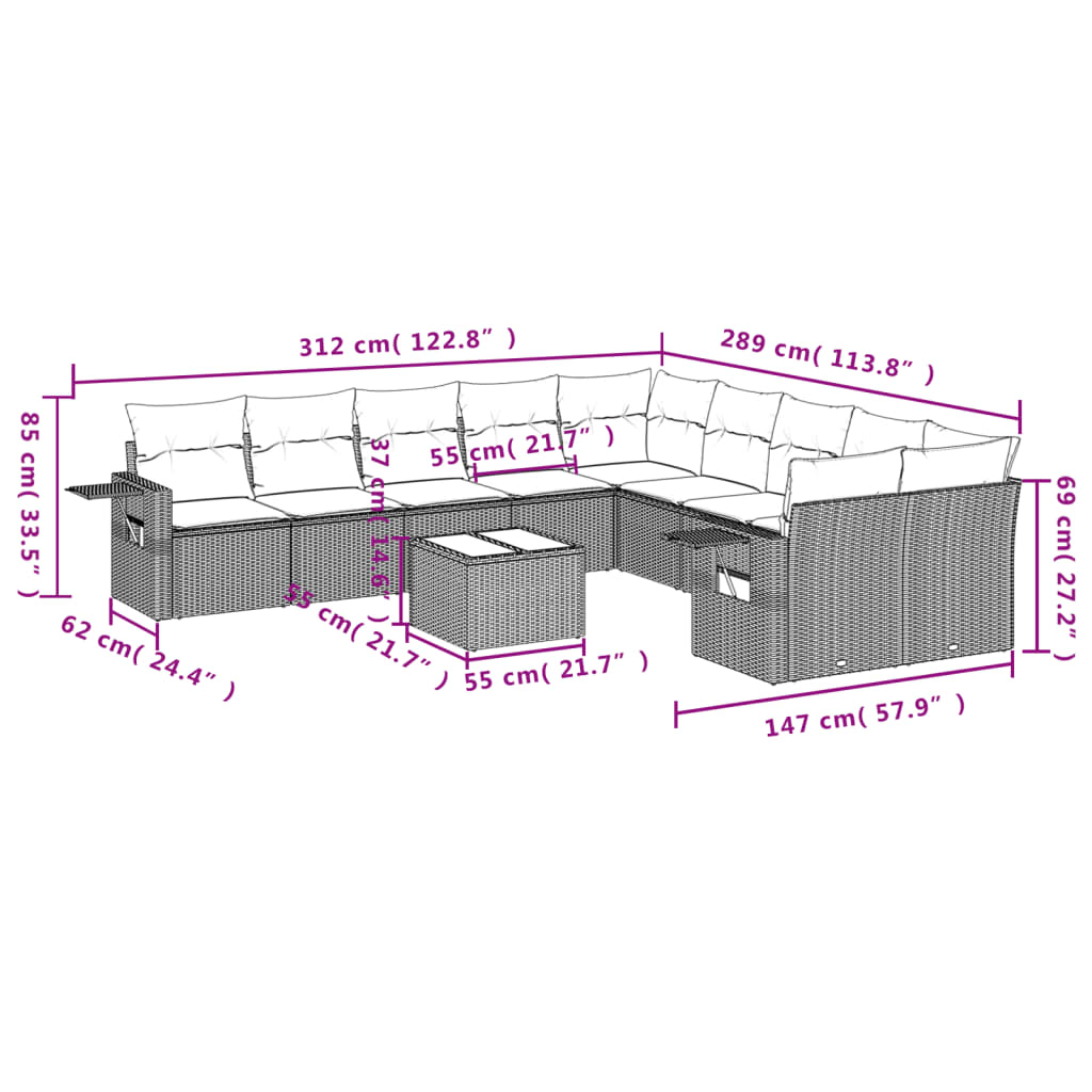 Set Divani da Giardino 11 pz con Cuscini in Polyrattan Nero 3220714