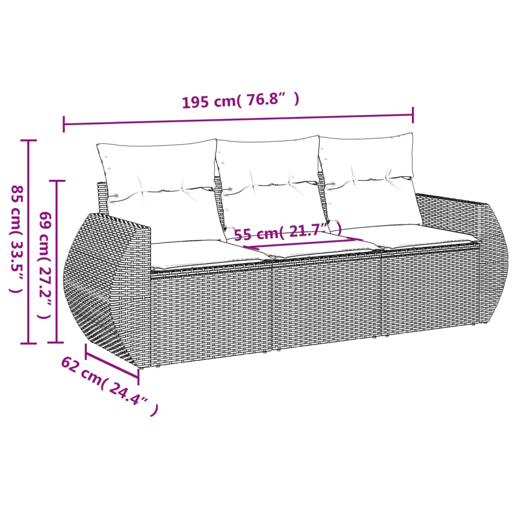 Set Divani da Giardino 3 pz con Cuscini in Polyrattan Nero 3221054