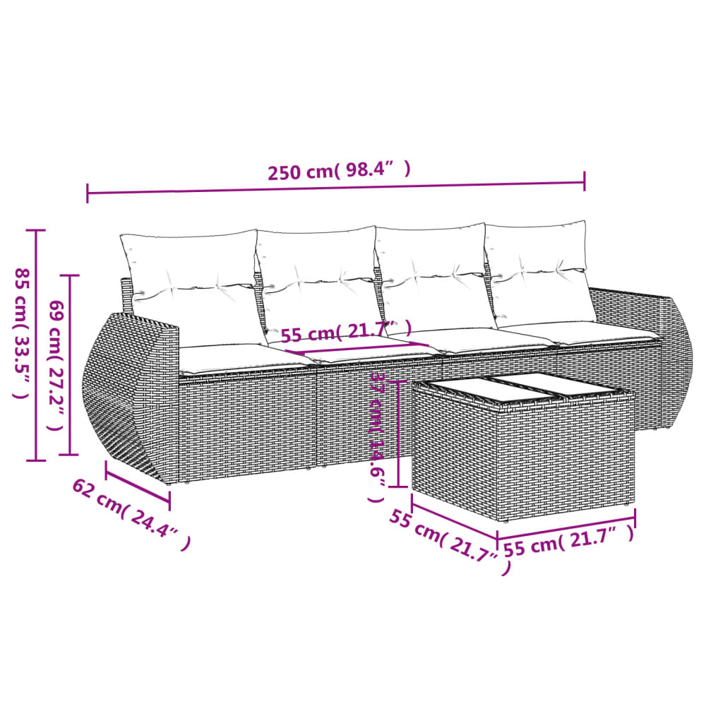 Set Divani da Giardino 5 pz con Cuscini in Polyrattan Nero 3221085