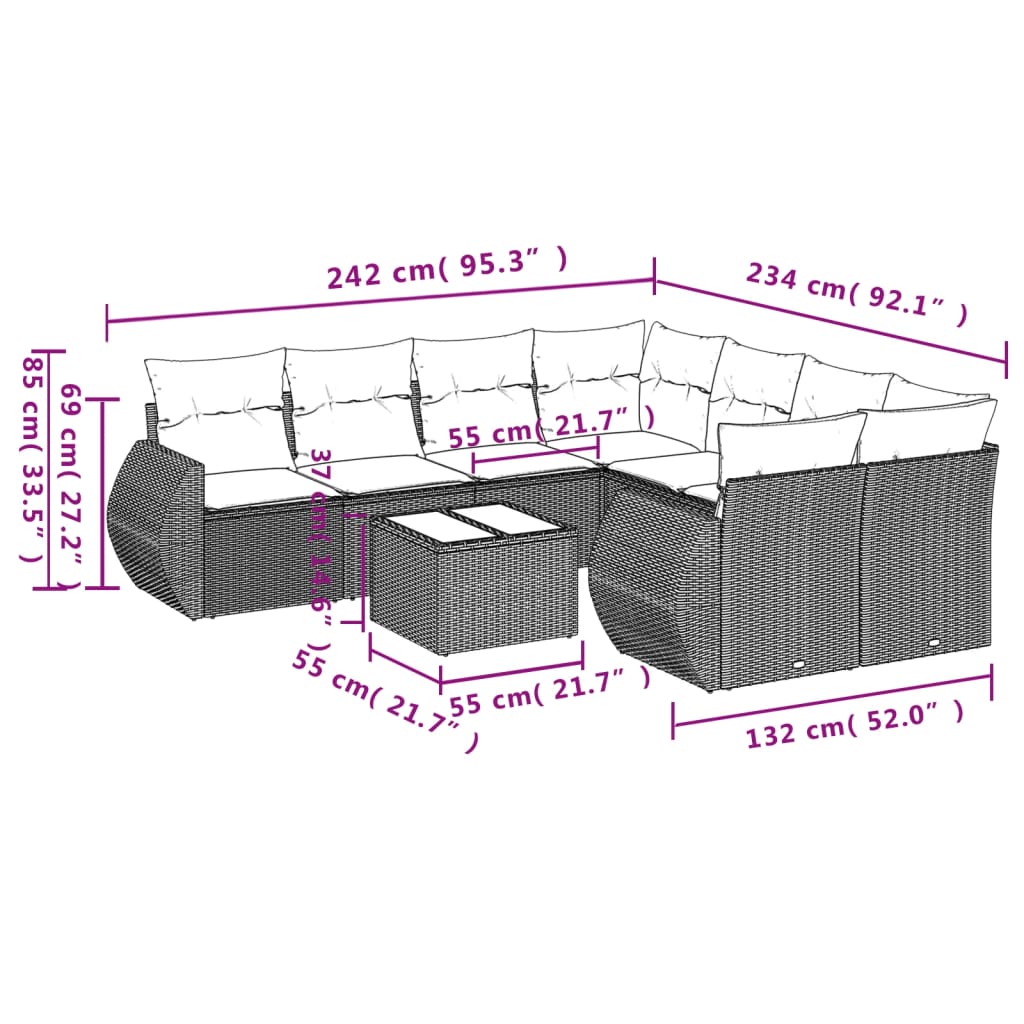 Set Divano da Giardino 9 pz con Cuscini Beige in Polyrattan 3221158