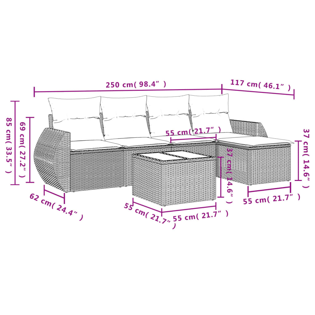 Set Divano da Giardino 6 pz con Cuscini Beige in Polyrattan 3221297