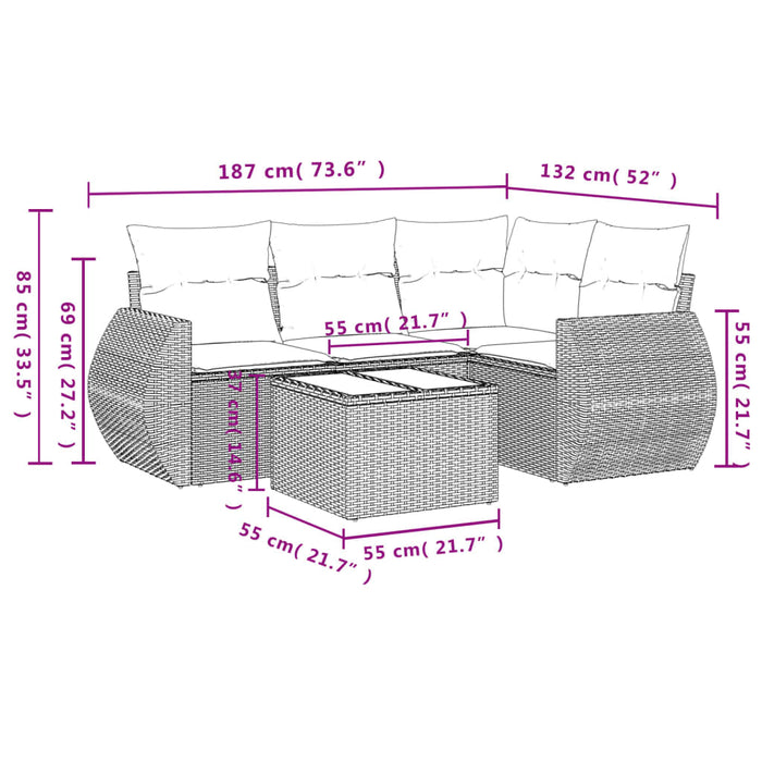 Set Divano da Giardino 5 pz con Cuscini Beige in Polyrattan 3221317