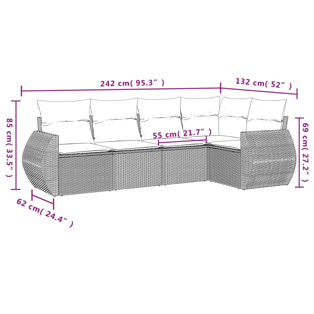 Set Divano da Giardino 5 pz con Cuscini Beige in Polyrattan 3221328