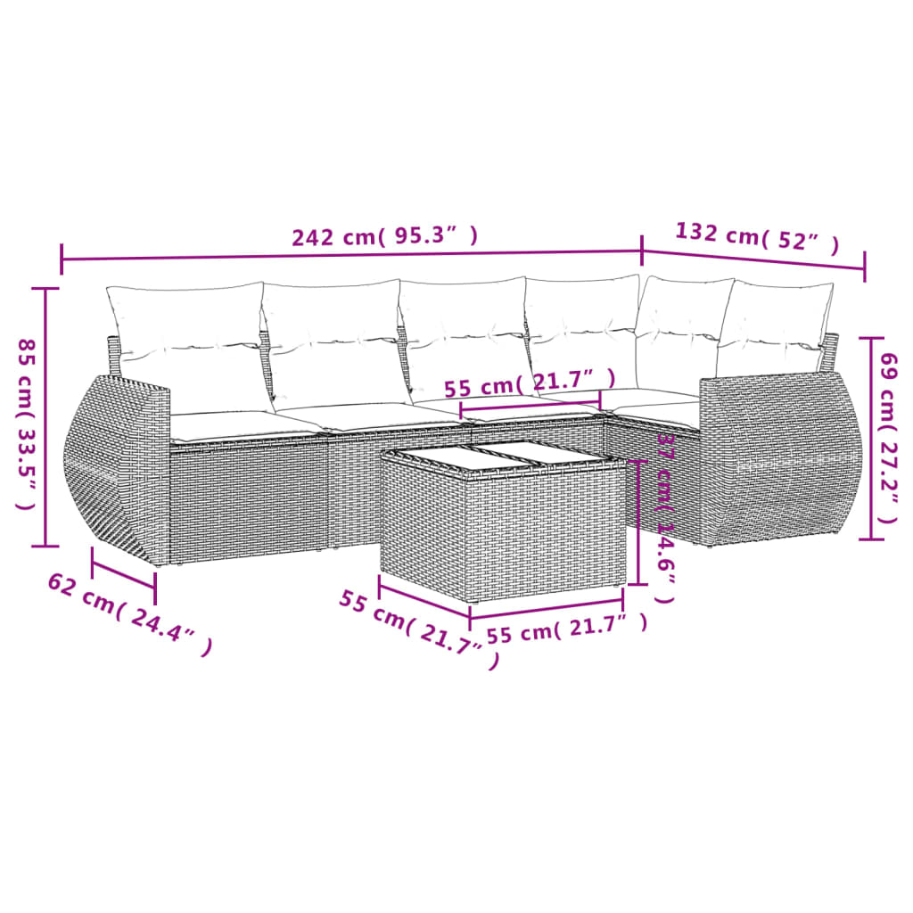 Set Divano da Giardino 6 pz con Cuscini Nero in Polyrattan 3221334