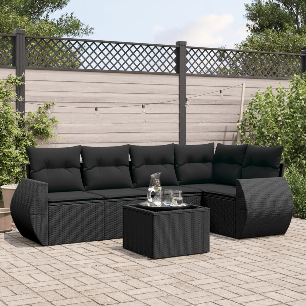 Set Divano da Giardino 6 pz con Cuscini Nero in Polyrattan 3221334