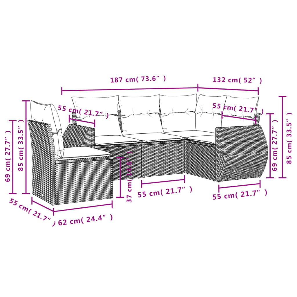 Set Divano da Giardino 5 pz con Cuscini Beige in Polyrattan 3221367