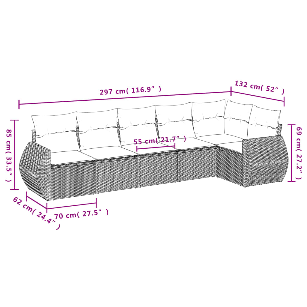 Set Divano da Giardino 6 pz con Cuscini Nero in Polyrattan 3221385