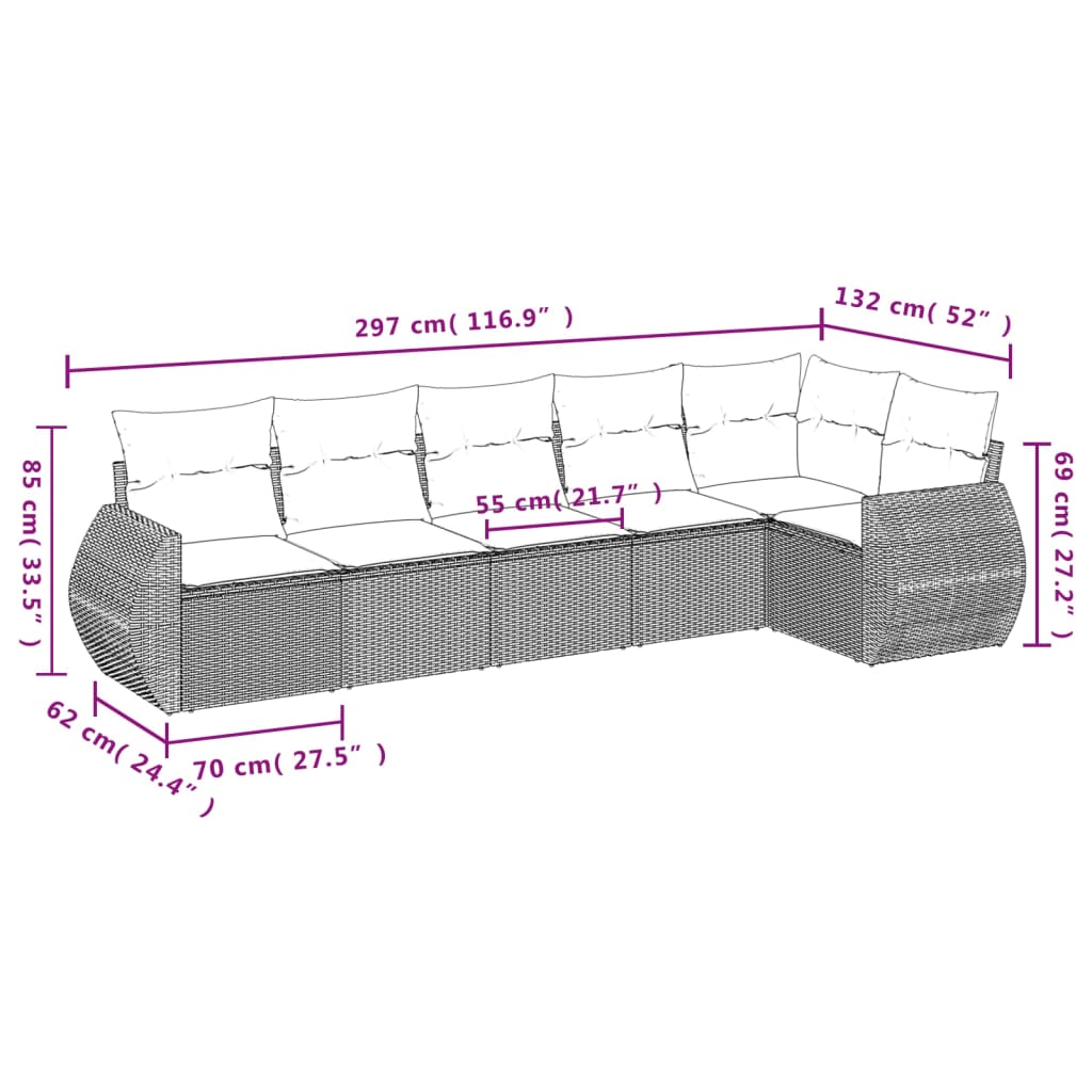 Set Divano da Giardino 6 pz con Cuscini Grigio in Polyrattan 3221389