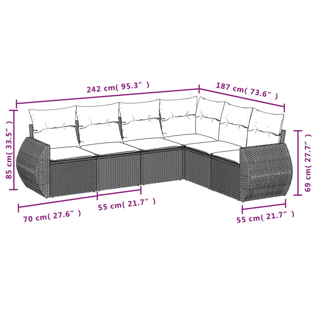 Set Divano da Giardino 6 pz con Cuscini Nero in Polyrattan 3221404