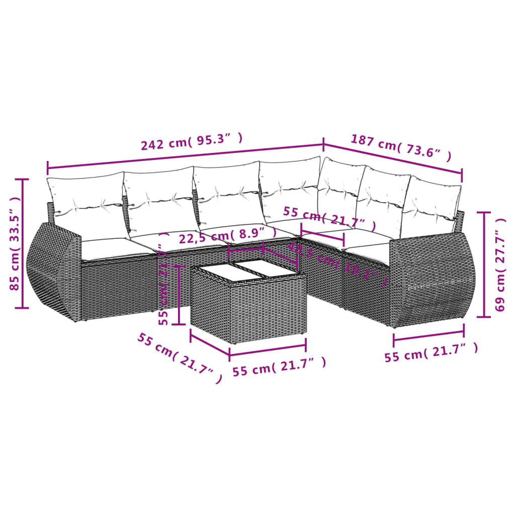 Set Divani da Giardino 7 pz con Cuscini Grigio in Polyrattan 3221419