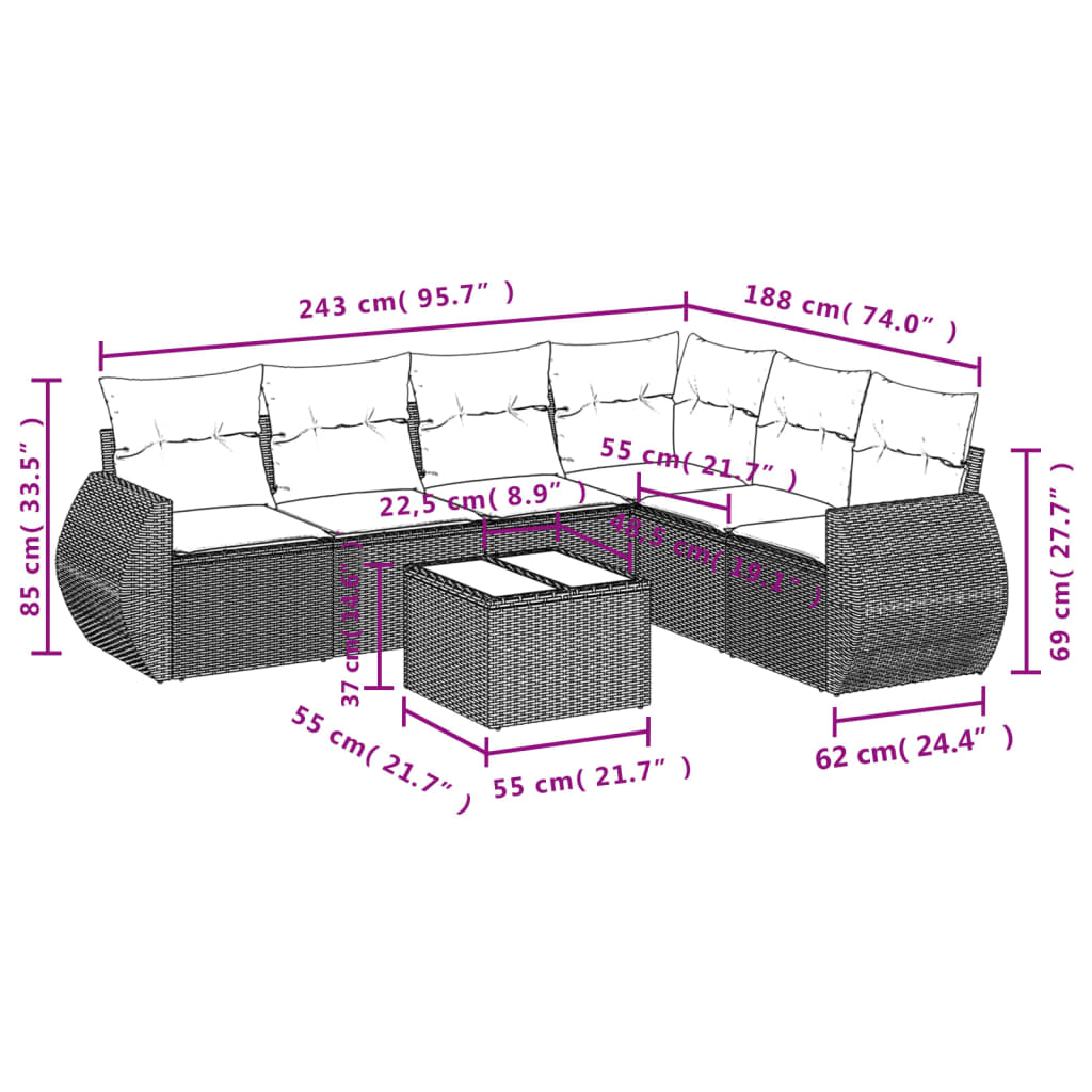 Set Divani da Giardino 7pz con Cuscini Grigio Chiaro Polyrattan 3221421