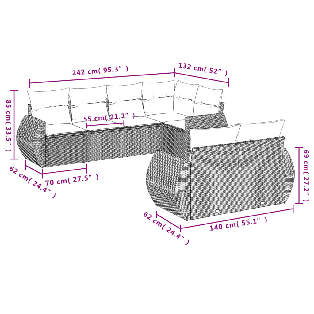 Set Divani da Giardino 7 pz con Cuscini Grigio in Polyrattan 3221609