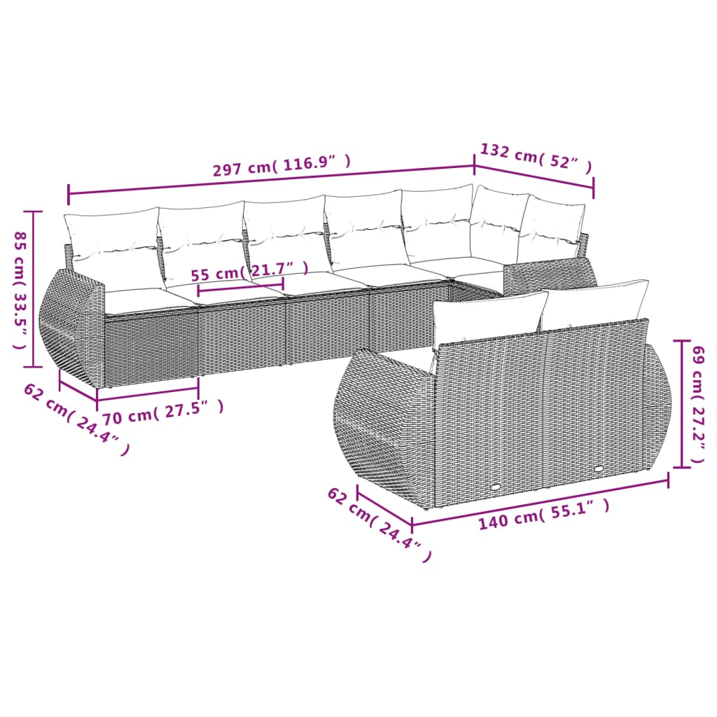 Set Divano da Giardino 8 pz con Cuscini Grigio in Polyrattan 3221619