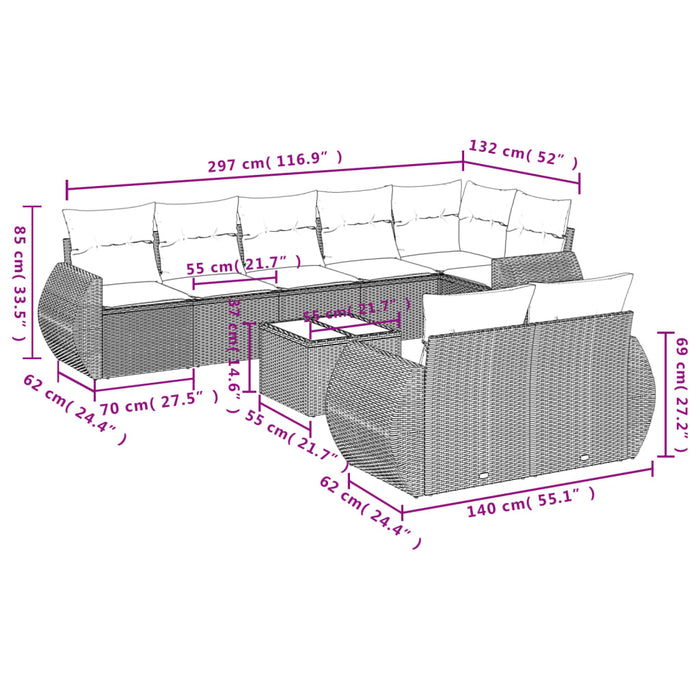 Set Divani da Giardino 9pz con Cuscini Marrone in Polyrattan 3221632