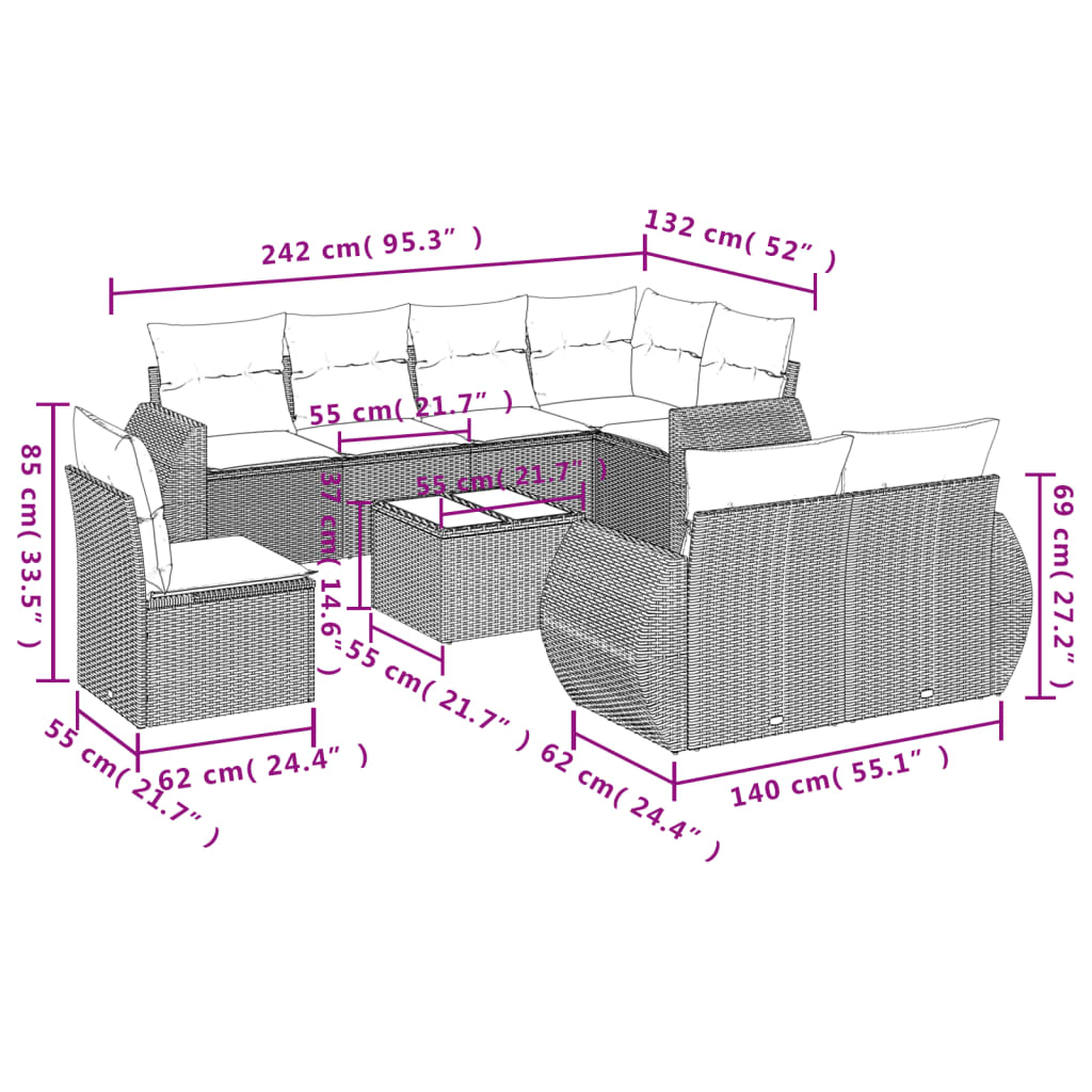 Set Divani da Giardino 9 pz con Cuscini Nero in Polyrattan 3221644