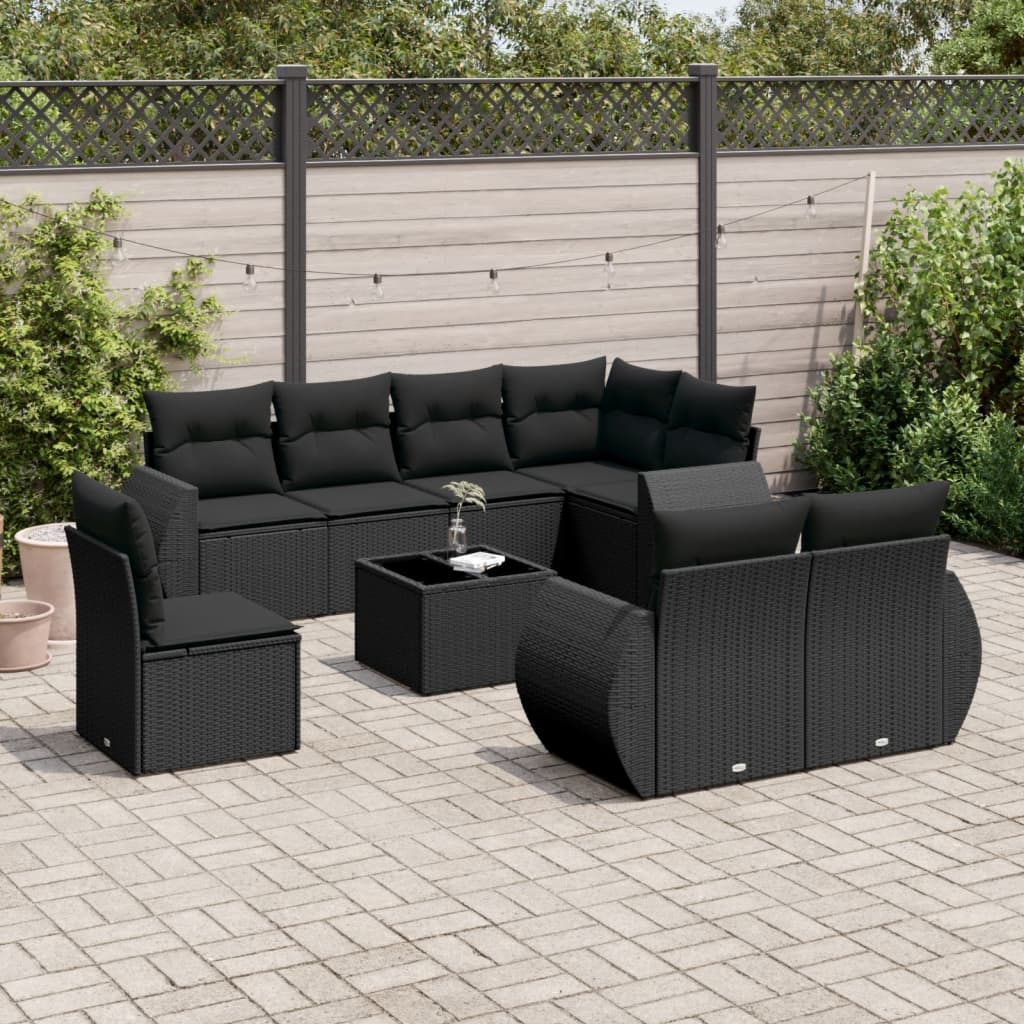 Set Divani da Giardino 9 pz con Cuscini Nero in Polyrattan 3221644