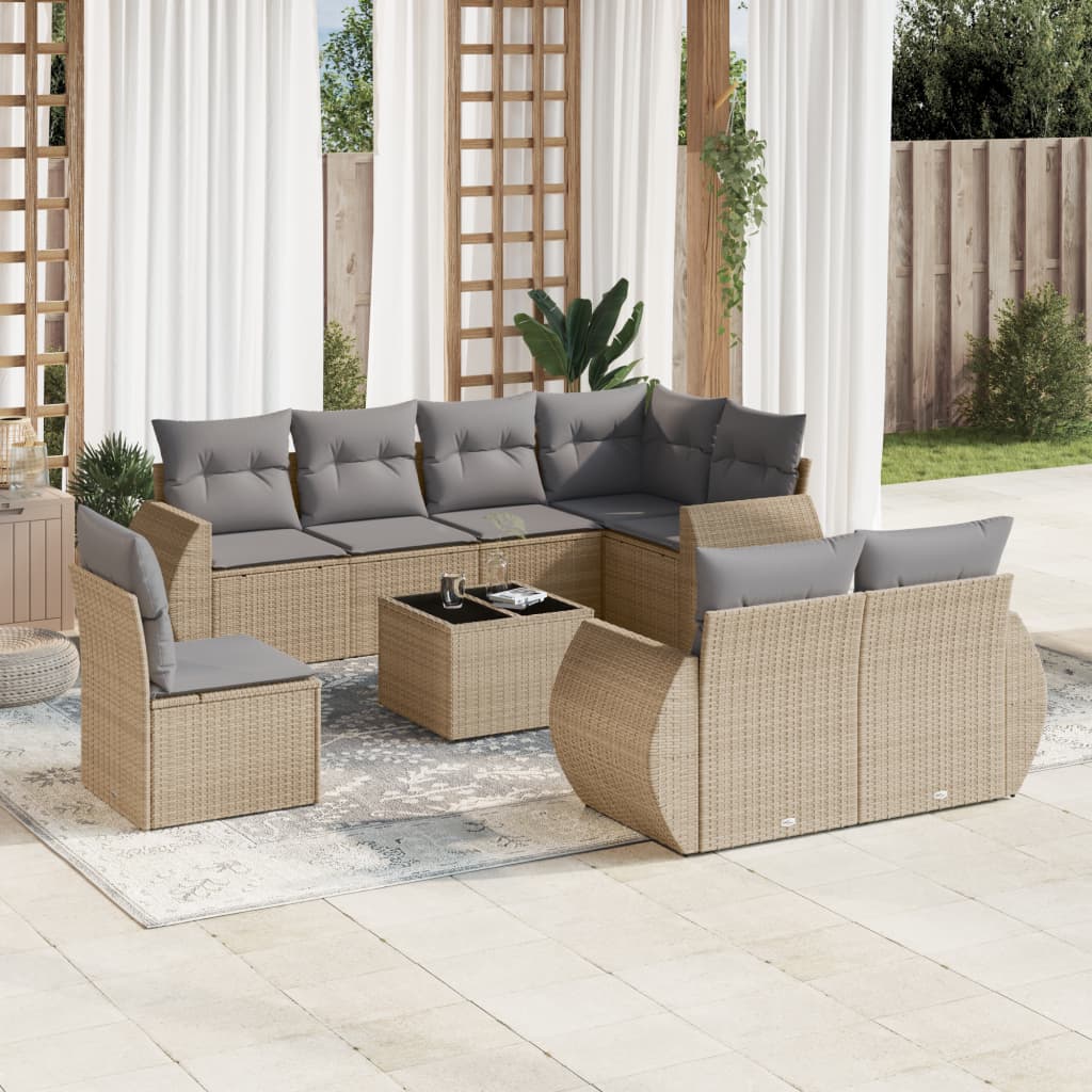 Set Divano da Giardino 9 pz con Cuscini Beige in Polyrattan 3221648