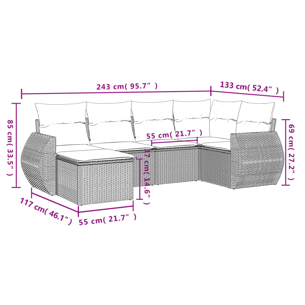 Set Divano da Giardino 6 pz con Cuscini Grigio in Polyrattan 3221659