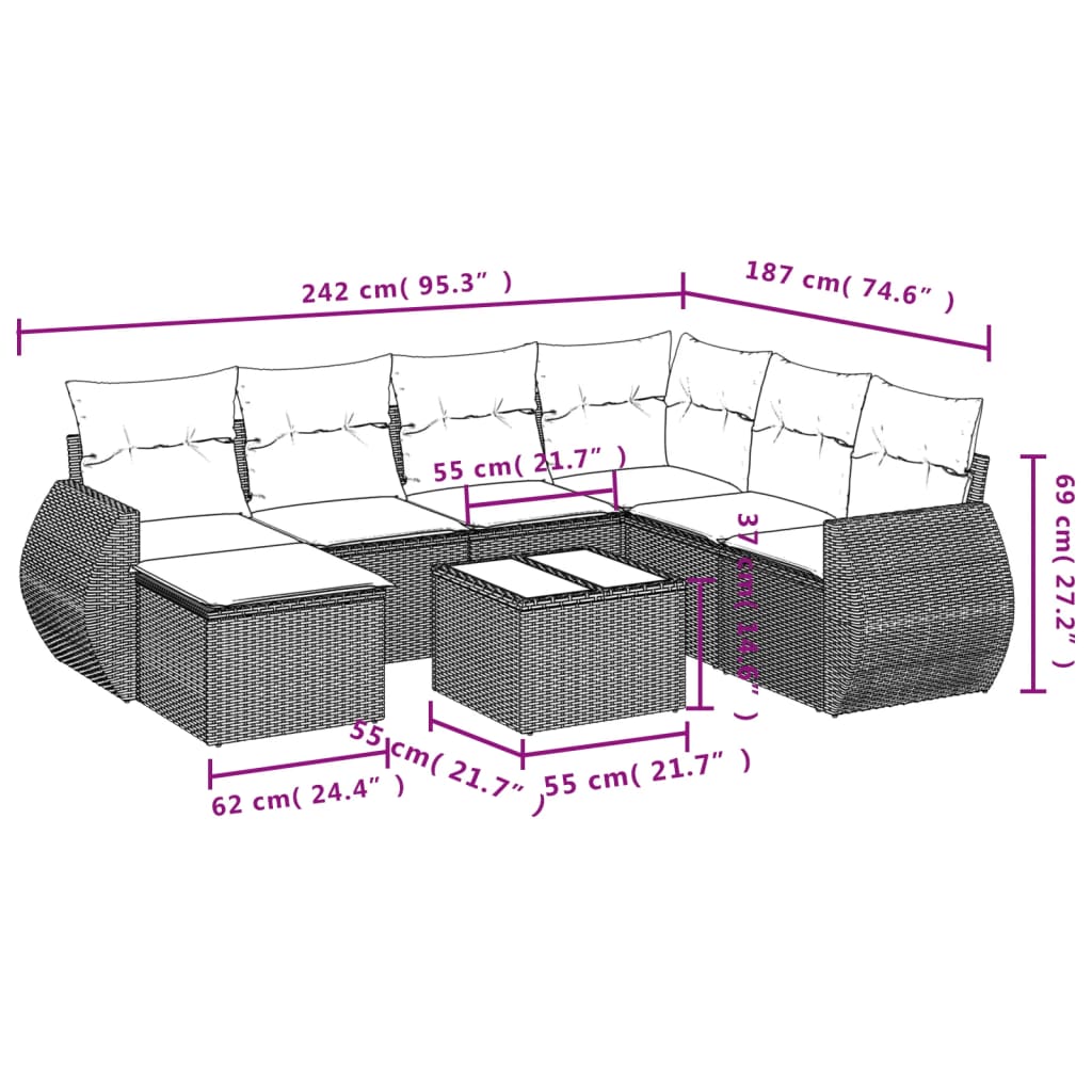 Set Divano da Giardino 8 pz con Cuscini Grigio in Polyrattan 3221709